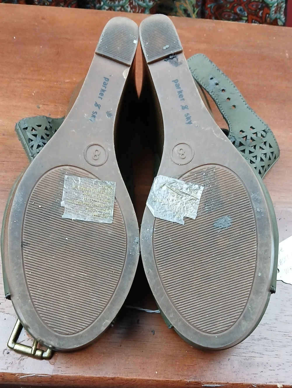 PARKER & SKY Olive Green Laser Cut Open Toe Gladiator Wedge Sandals Size 8